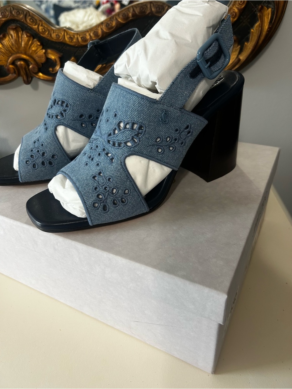 NWT Jimmy Choo Blue Jean Embroidered Slingback Block Heel Sandals